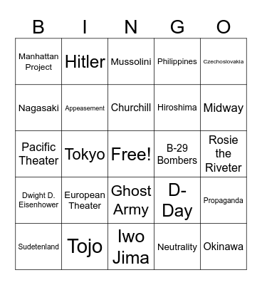 WWII US History Bingo Card