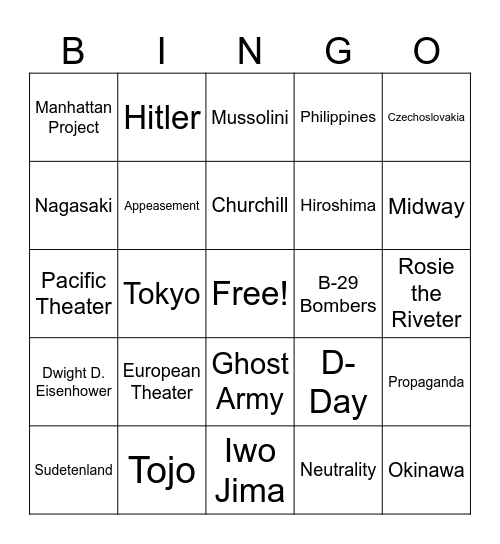 WWII US History Bingo Card