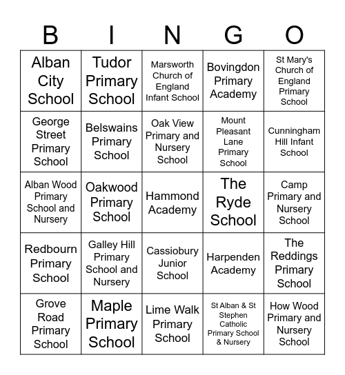 Kira's Schools Bingo Card