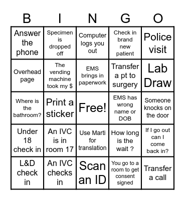 Night Time ED Bingo Card