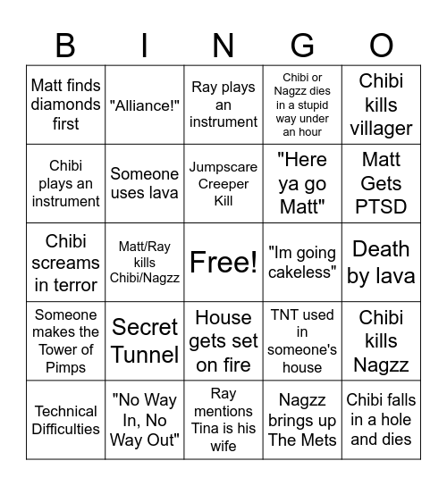 Minecraft Stream Bingo Card