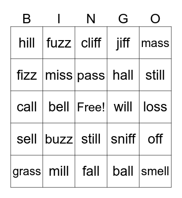 ff  ll  ss  zz Bingo Card