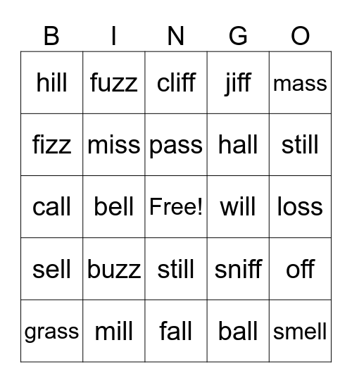 ff  ll  ss  zz Bingo Card