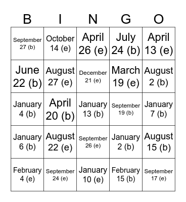 1964 Events and Birthdays Bingo Card
