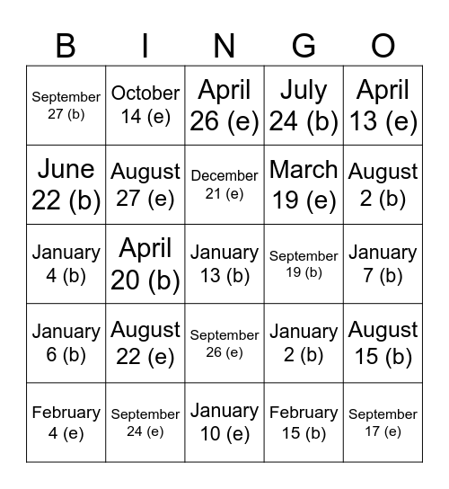 1964 Events and Birthdays Bingo Card