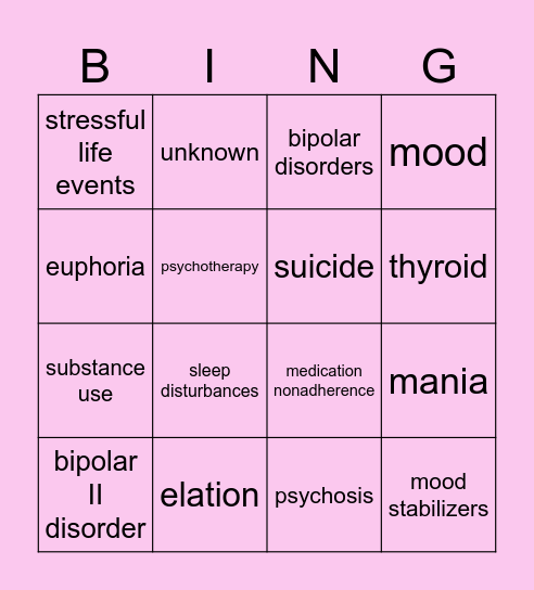 Bipolar Disorders Bingo Card