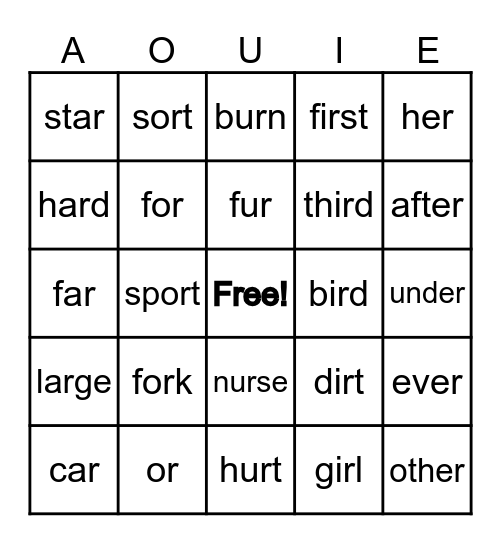 R controlled Vowels (1 or 2 syllables) Bingo Card