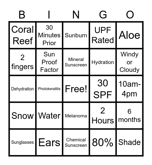 Sun Safety Bingo Card