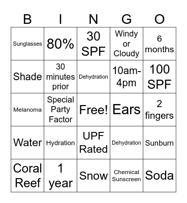Sun Safety Bingo Card