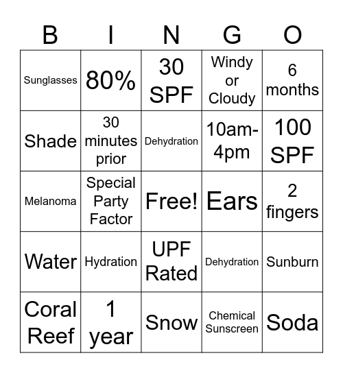 Sun Safety Bingo Card