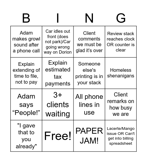 TAX DAY Bingo Card