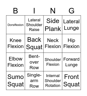 Body Movement Bingo Card