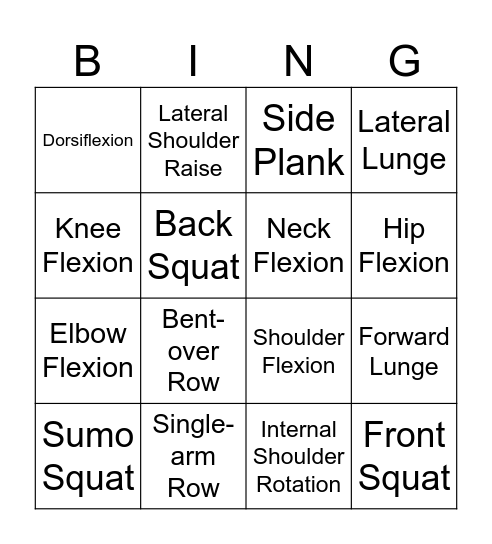 Body Movement Bingo Card