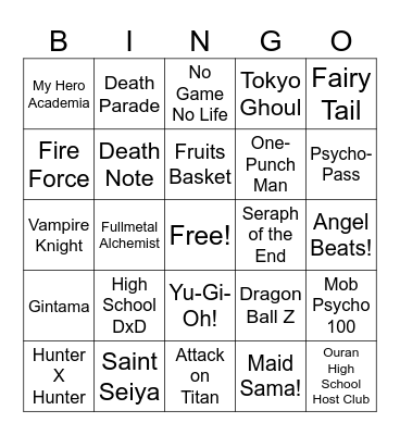 Anime Bingo Card