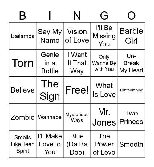 Piccadilly's Public House 90's Music Bingod Bingo Card