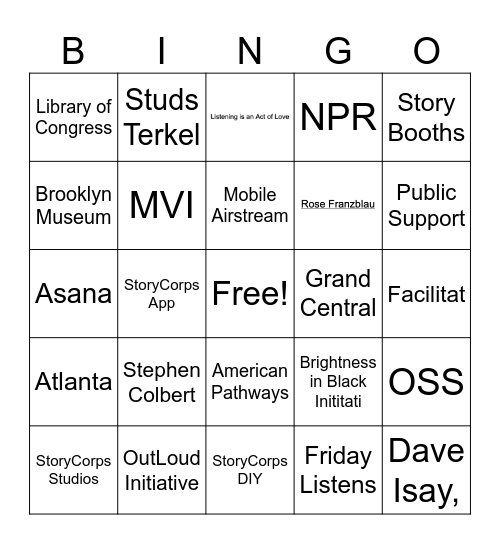StoryCorps Bingo Card