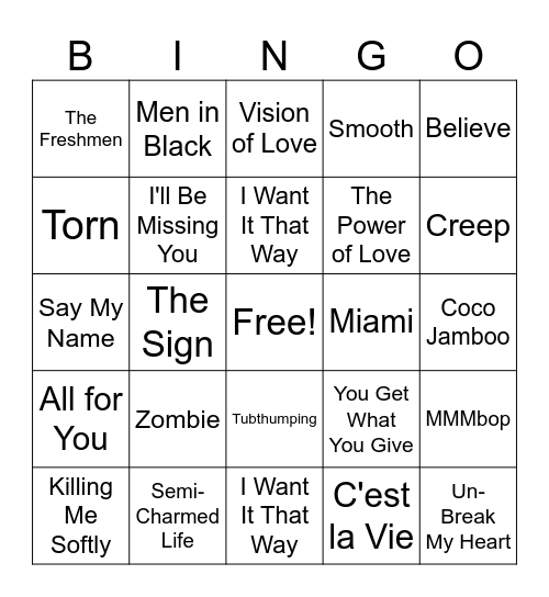 Piccadilly's Public House 90's Music Bingo Card