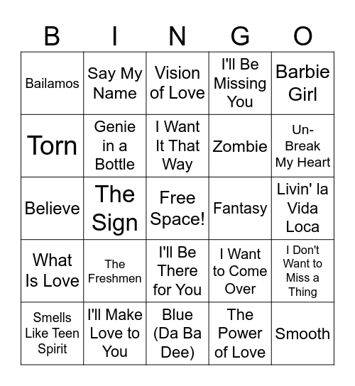 Piccadilly's Public House 90's Music Bingo Card