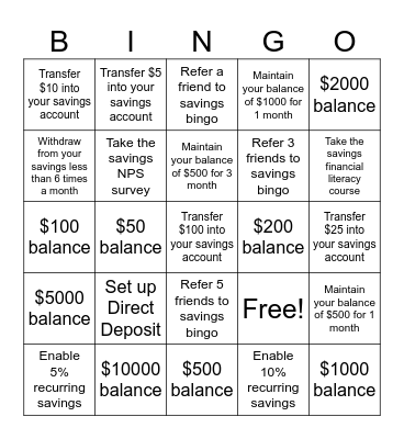 Savings Bingo Card