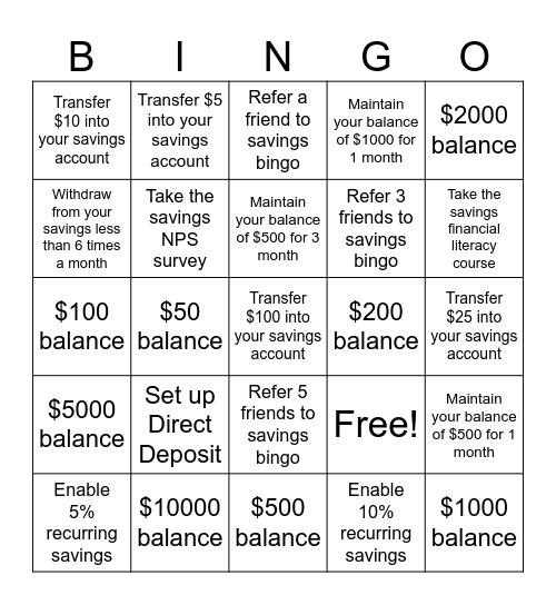 Savings Bingo Card