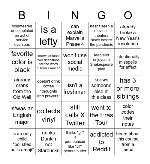 Icebreaker Bingo Card