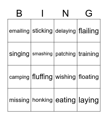 suffix -ing Bingo Card