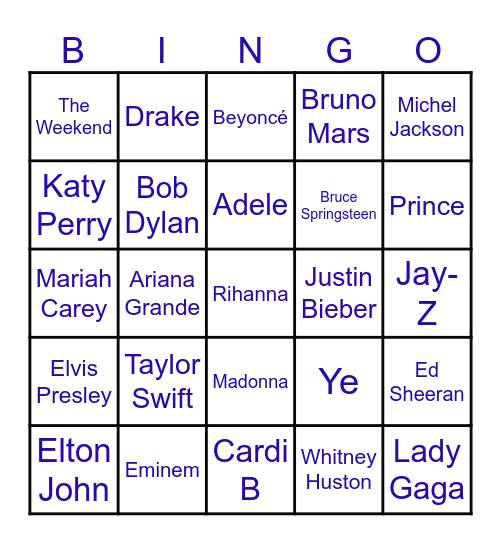 Music Artist Bingo Card