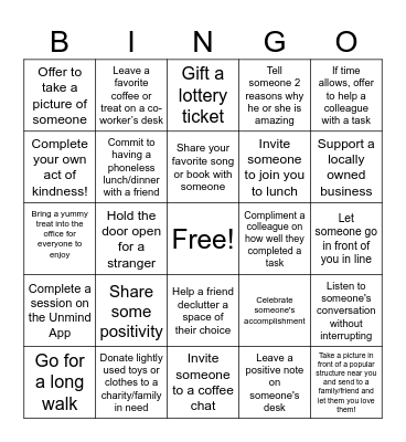 Random Acts of Kindness Bingo Card