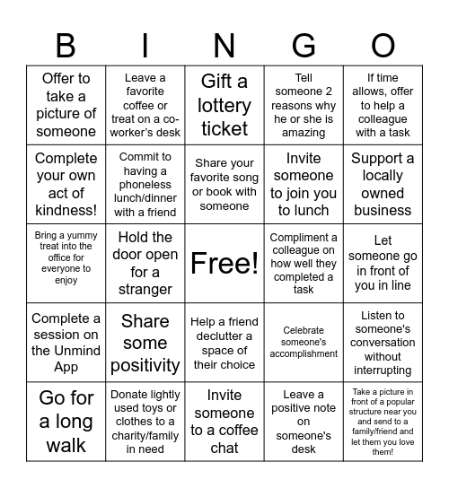 Random Acts of Kindness Bingo Card