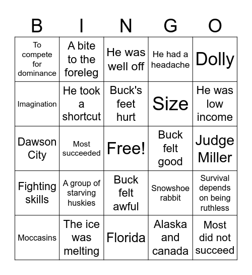 Call of the Wild Chapters 1-3 Bingo Card