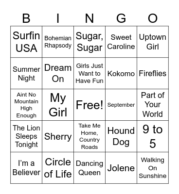 Musical Bingo Card
