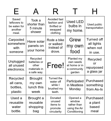 167 Earth Month Sustainable Matching Game Bingo Card