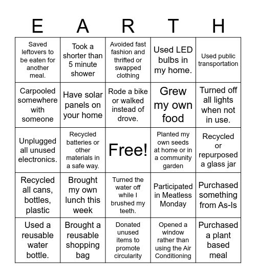 167 Earth Month Sustainable Matching Game Bingo Card