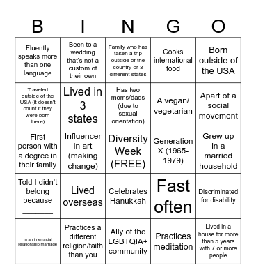 Diversity  Bingo Card