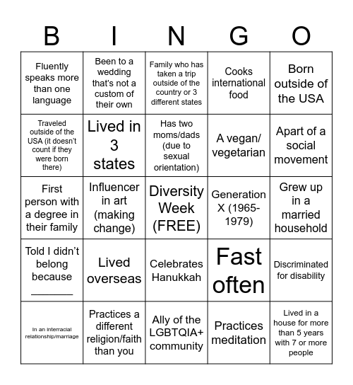 Diversity  Bingo Card