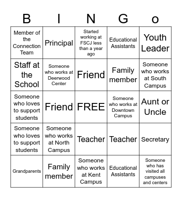 Student Support People Bingo Card