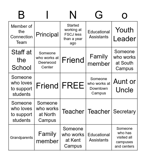 Student Support People Bingo Card