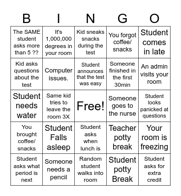 Exam Proctoring Bingo Card
