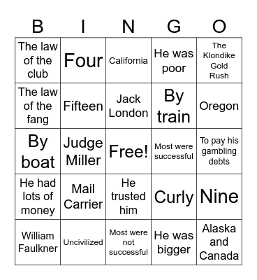Call of the Wild Chapters 1-2 Bingo Card