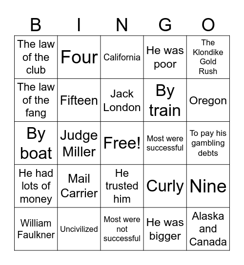 Call of the Wild Chapters 1-2 Bingo Card
