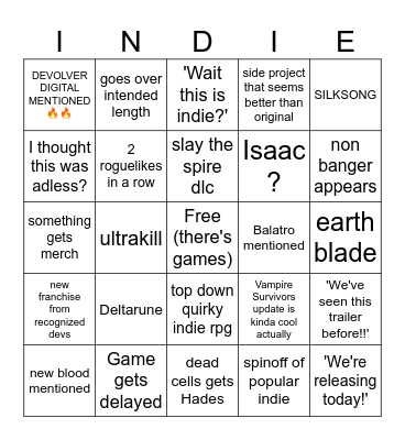 Indie Initiative Bingo Card