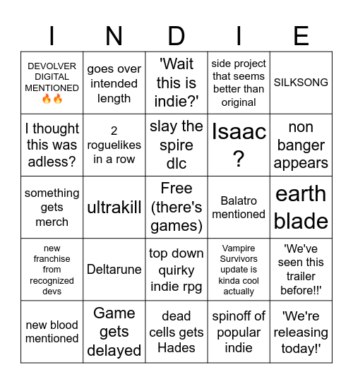 Indie Initiative Bingo Card