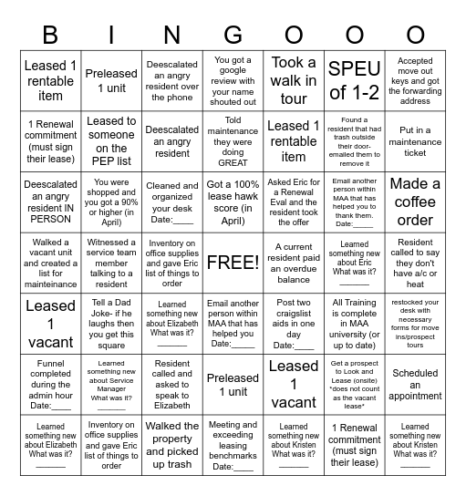 Leasing Bingo- APRIL Bingo Card