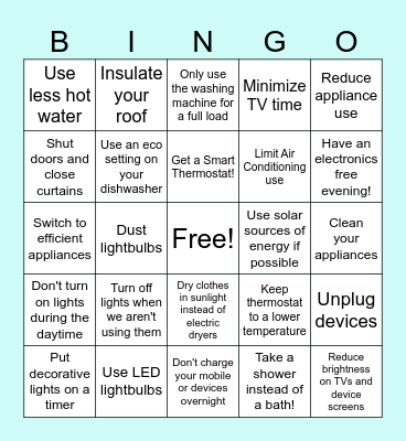 Energy Conservation Bingo Card