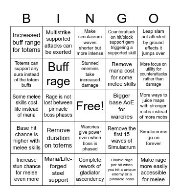 My melee wishes for 3.25 Bingo Card