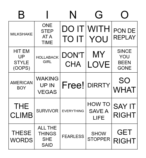 Round One: 2000's POP Bingo Card