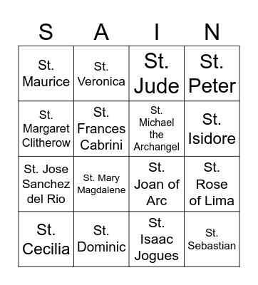 Confirmation Saints Bingo Card