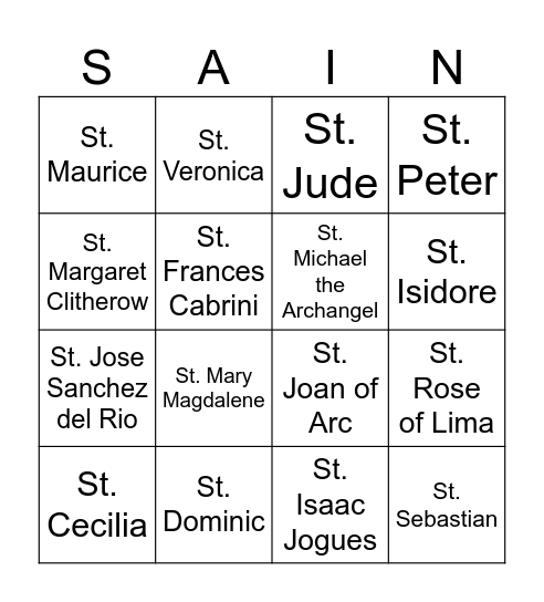 Confirmation Saints Bingo Card