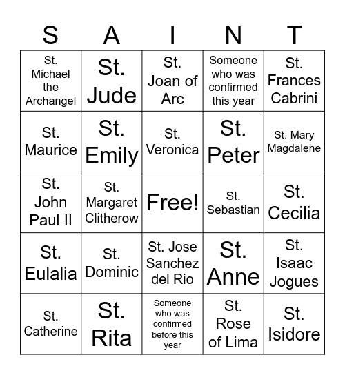Confirmation Saints Bingo Card