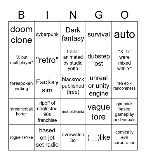 modern indie game Bingo Card